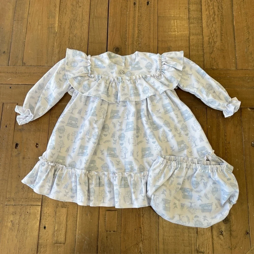 Chaupinet Clothing boutique Vintage Village Ruffle Dress 3-6 Months Blue White